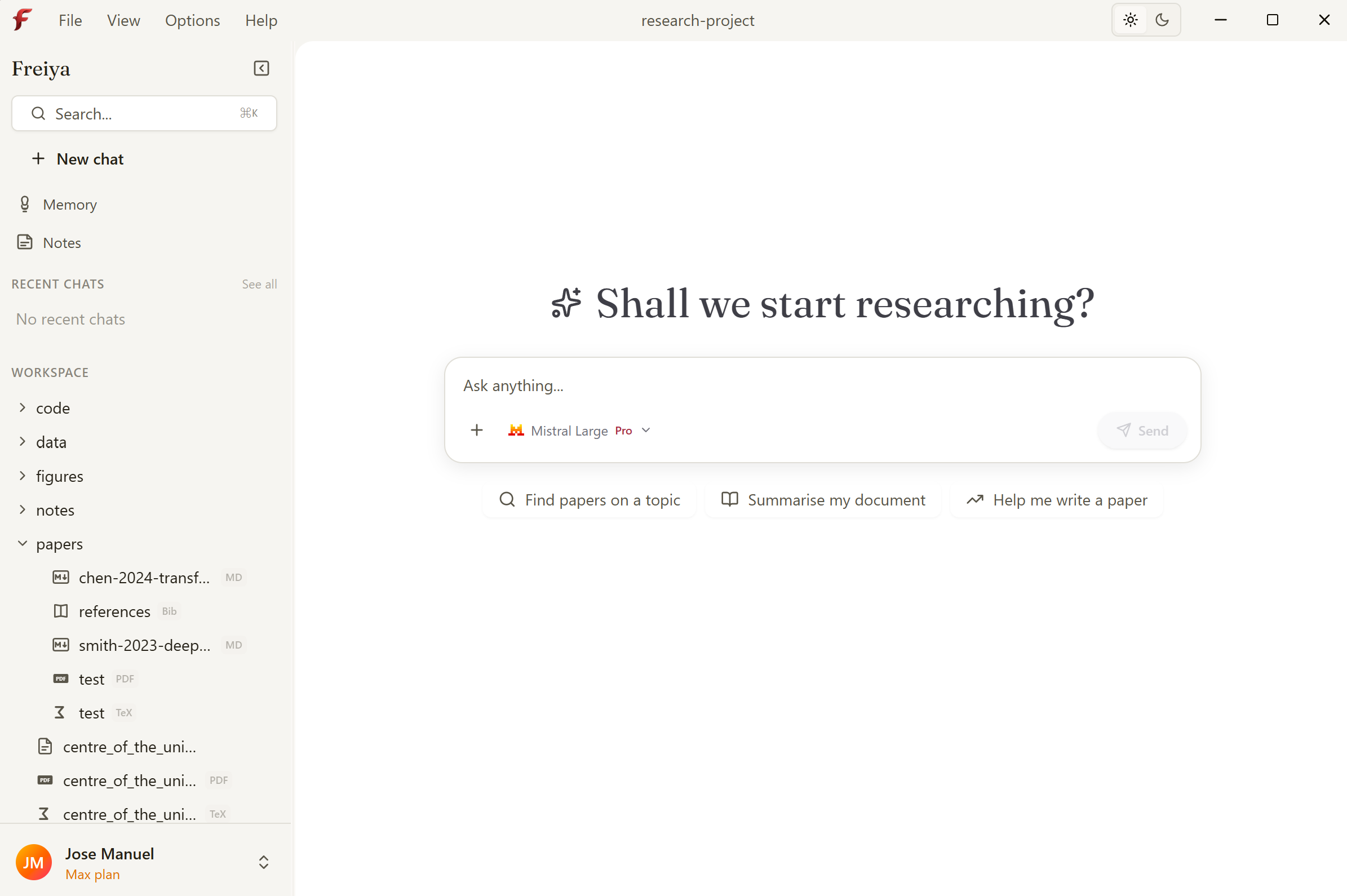Freiya desktop application showing PDF viewer, LaTeX editor, and research workspace interface with bibliography management